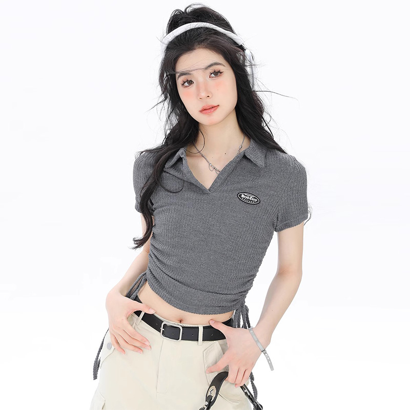 American Hot Girl Drawstring POLO Collar Short Top Women's Summer Slimming Versatile Niche Short Sleeves