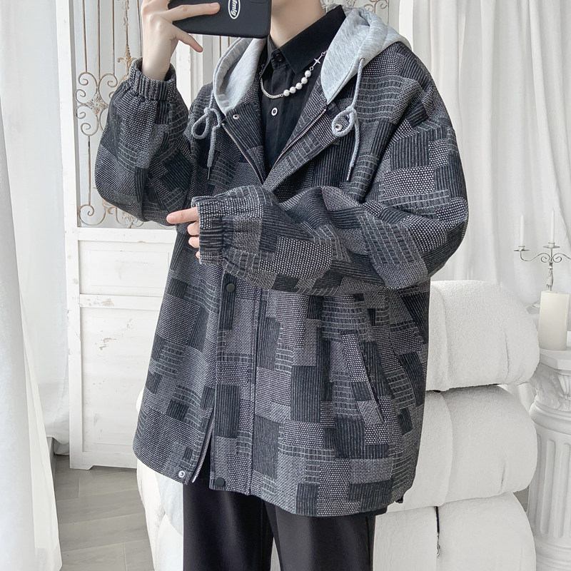 Spring Denim Contrast Color Hooded Plaid Jacket Men's Trendy Large Size Jacket Control