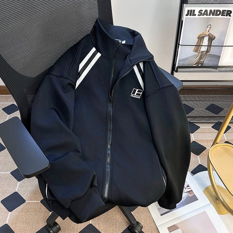 Heavyweight American retro cardigan sweatshirt men's loose stand-up collar sports jacket spring and autumn versatile trendy brand couple coat