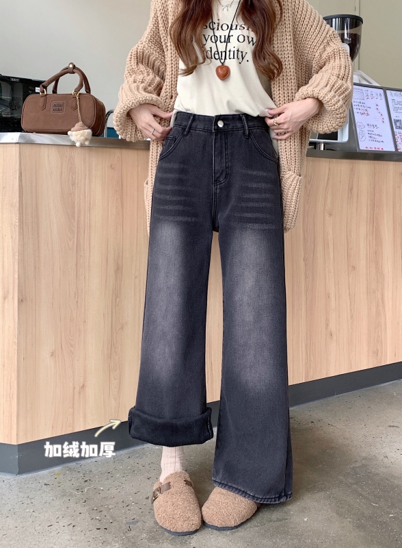 Small velvet thickened loose wide-leg jeans for women in autumn and winter high-waist slim straight floor-length trousers
