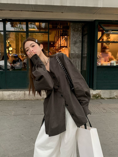 Autumn simple casual BF design V-neck loose and versatile slim shirt for women