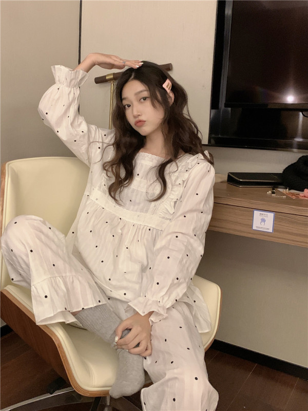 Korean Dongdaemun sweet French lace cotton and linen jacquard small fresh polka dot outer wear home clothes set