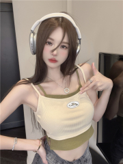 Ice silk thread pure desire square neck strap short-sleeved t-shirt Korean style slimming large elastic short style top