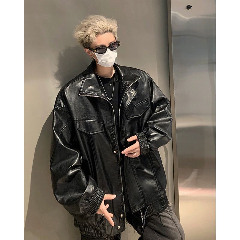 High street pu leather jacket shoulder pad motorcycle top short handsome leather jacket men