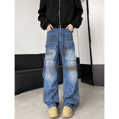 Workwear multi-pocket jeans, fashionable straight wide-leg casual couple autumn and winter trousers