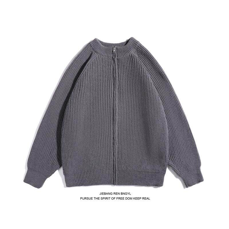 Autumn men's round neck cardigan sweater pure cotton zipper sweater jacket