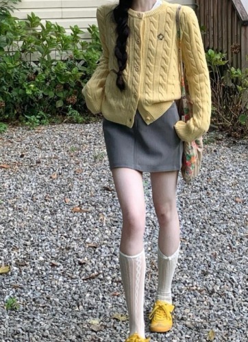 Yellow twist knitted cardigan sweater for women autumn 2024 new style soft and sweet style high-end top