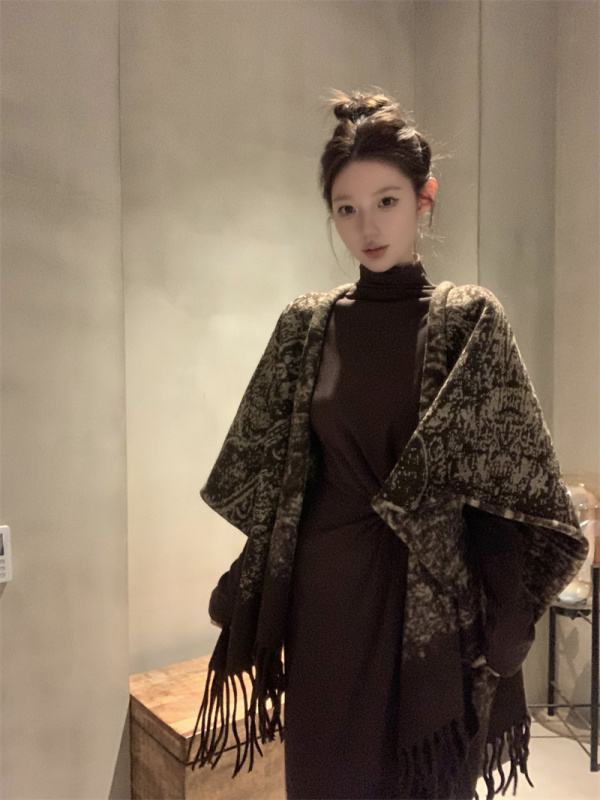 Retro ink painting double-sided cloak shawl coat women's tassel scarf versatile warm outer wear