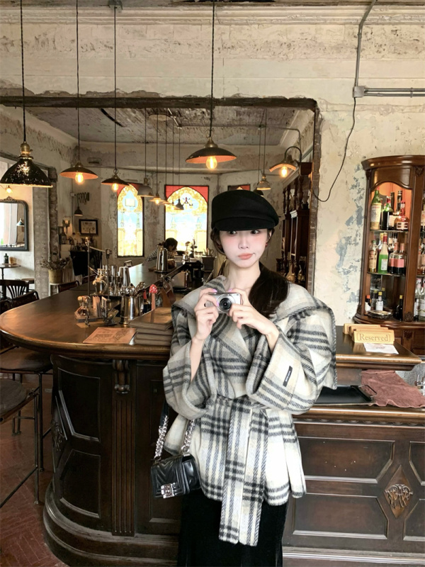 French cape navy collar plaid wool coat with belt