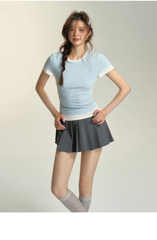 Bow contrast color stitching fake two-piece slim stretch casual versatile T-shirt 2024 summer new women's clothing