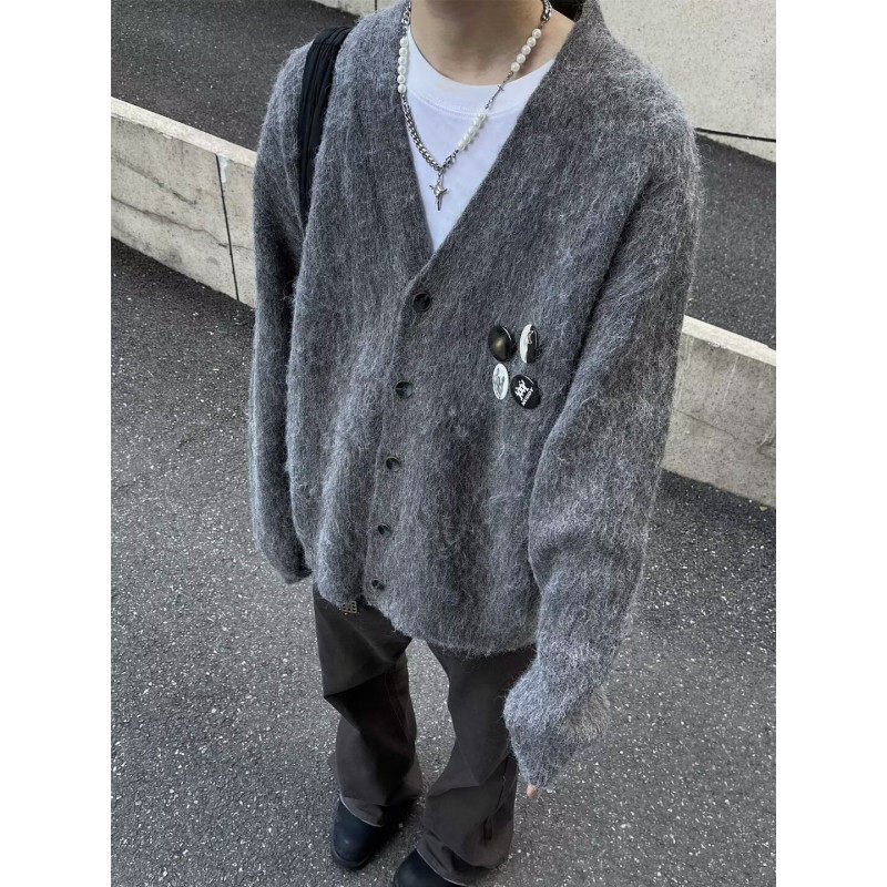 Brooch Badge Button Cardigan Sweater Knitted Lazy Style Solid Color Autumn and Winter Wool Jacket