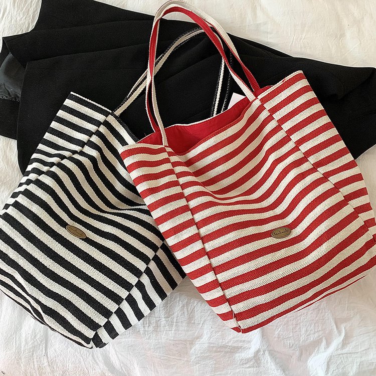 Korean style casual large-capacity canvas bag women's bag new simple striped tote bag student school shoulder bag