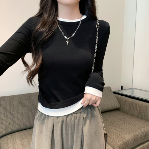 Fake two pieces of German velvet warm inner T-shirt bottoming shirt for women autumn and winter Korean version contrasting color pleated slim slimming top