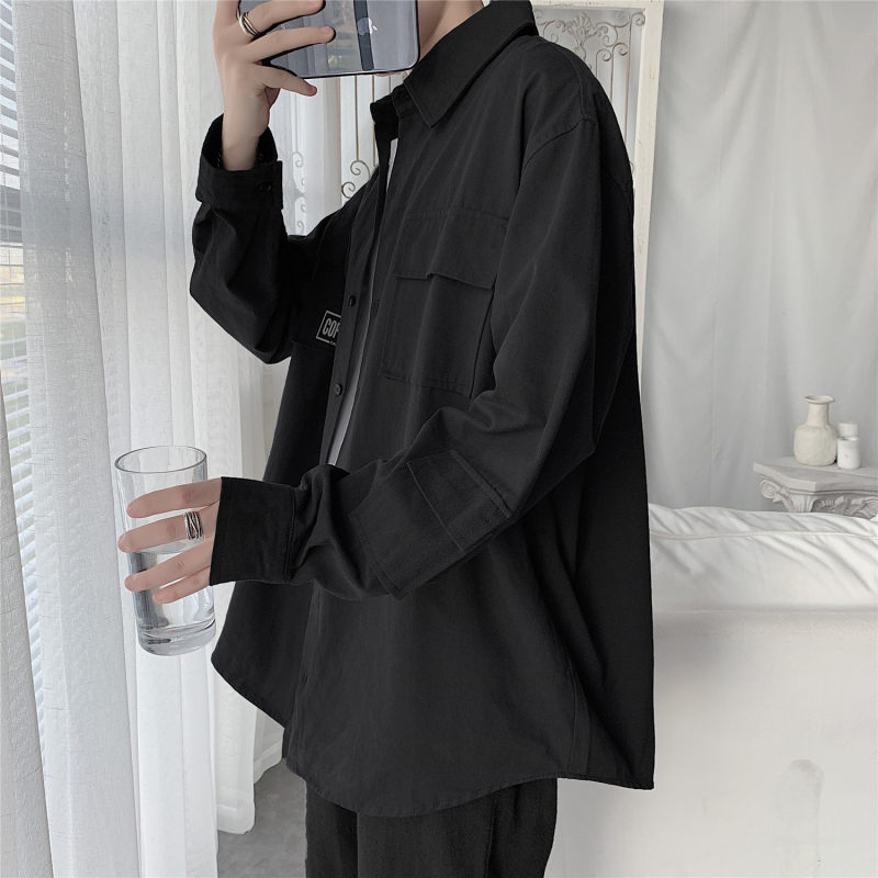 Sufficiently stocked solid color shirts for men, trendy long-sleeved, large size workwear, loose shirts, outerwear control 58