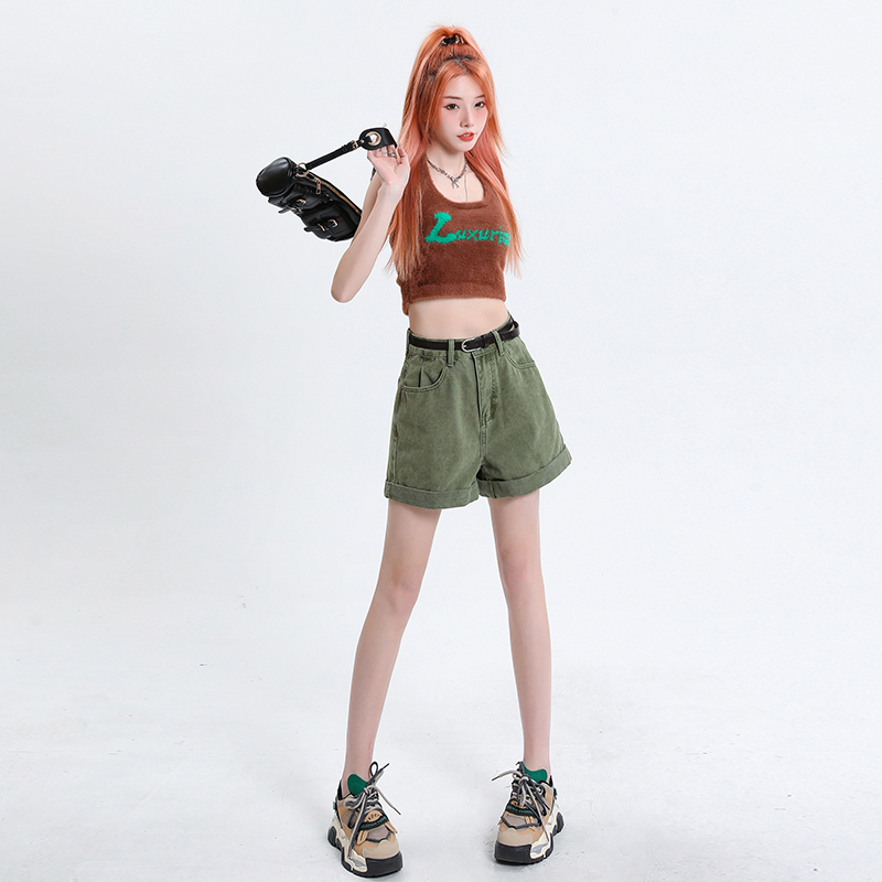 Curled denim shorts for women, spring and autumn retro design, niche pants, loose and slimming, a-line wide-leg hot pants for summer