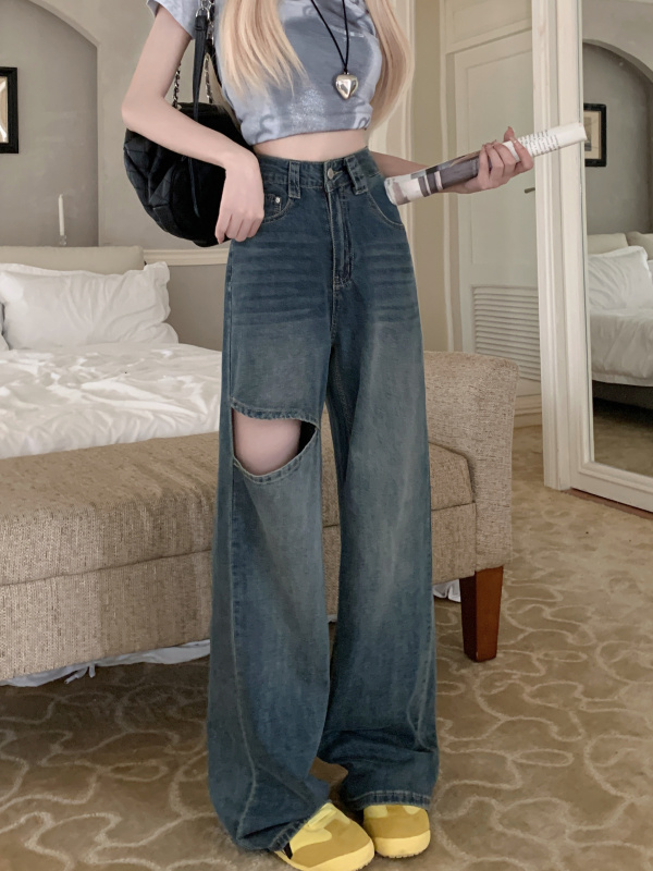 Retro high waisted slimming ripped straight floor mopping pants