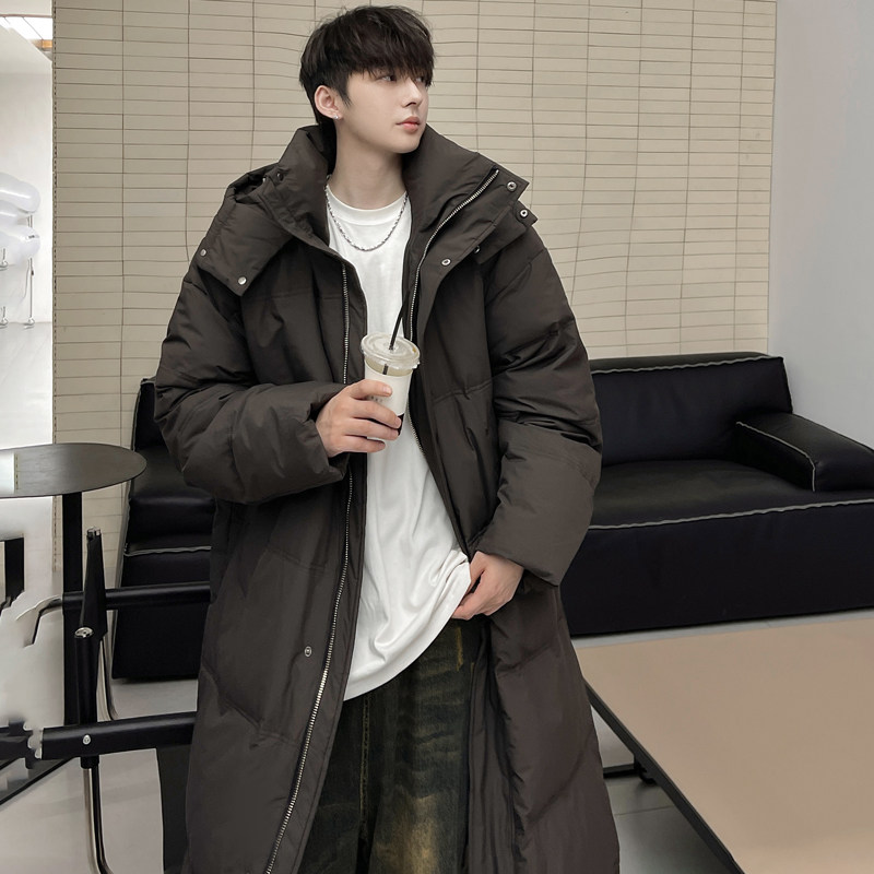 Down jacket men's winter Hong Kong style loose hooded long white duck down jacket
