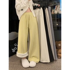 2024 winter plus velvet elastic waist and drapey casual versatile straight soft waxy wide leg pants for women