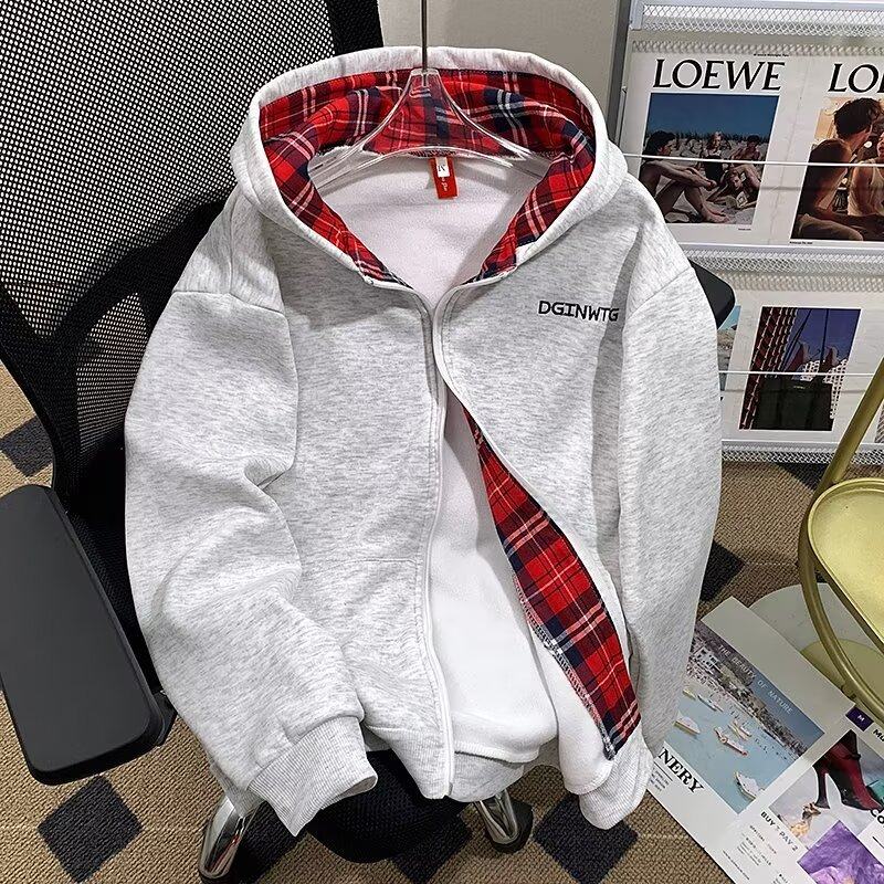 Velvet hooded sweatshirt, lazy style, national trend, retro plaid splicing hooded couple cardigan jacket