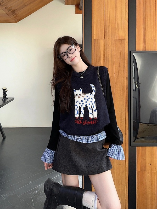 New Autumn and Winter Versatile Casual Sweater Vest Spliced ​​Bottoming Long Sleeve Top