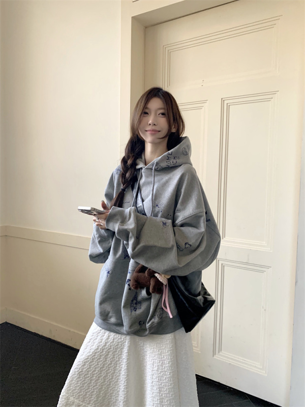 Gray loose hooded printed sweatshirt for women autumn and winter new style lazy casual hoodie