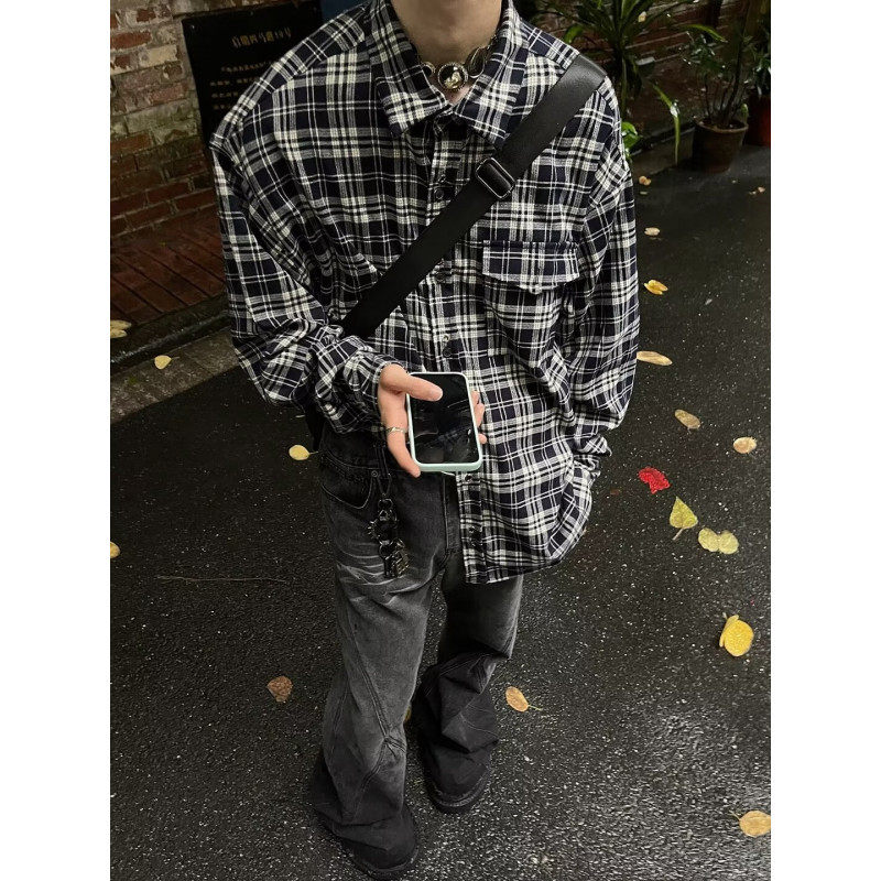 American plaid long-sleeved shirt for men in spring and autumn trendy brand loose casual versatile jacket for men and women