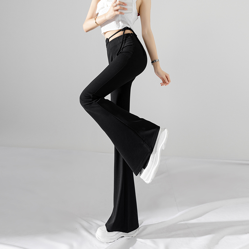Real shot of high-waisted casual pants for women in 2022 with letters and diamonds, irregular high-low-waisted black flared pants and slightly flared pants