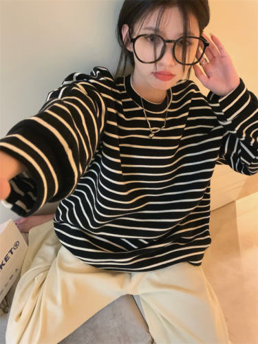 Winter outerwear thickened velvet round neck striped loose sweatshirt