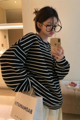 Winter outerwear thickened velvet round neck striped loose sweatshirt