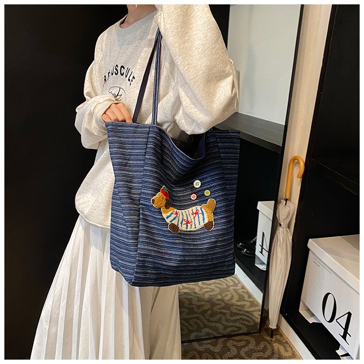 Korean striped cartoon puppy bag for women 2024 new casual tote bag versatile ins large capacity canvas bag