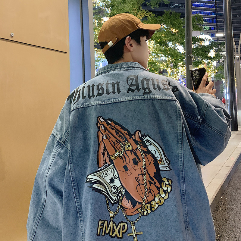 Denim jacket men's autumn trendy printed loose jacket American retro all-match top