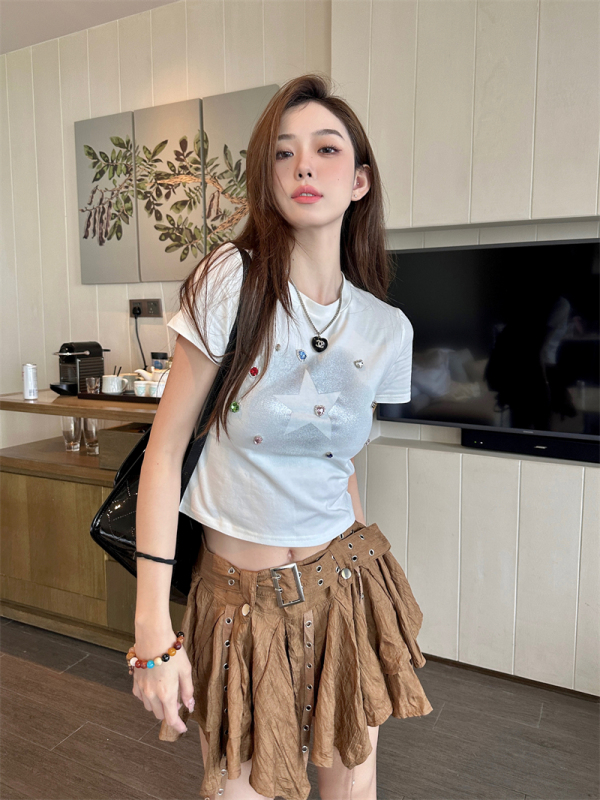 Real shot and real price ~ Gem Star T-shirt 2023 summer new style American slim niche high street design short-sleeved women