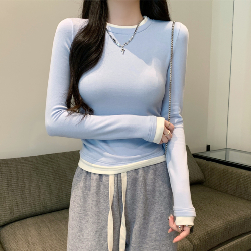 Fake two pieces of German velvet warm inner T-shirt bottoming shirt for women autumn and winter Korean version contrasting color pleated slim slimming top