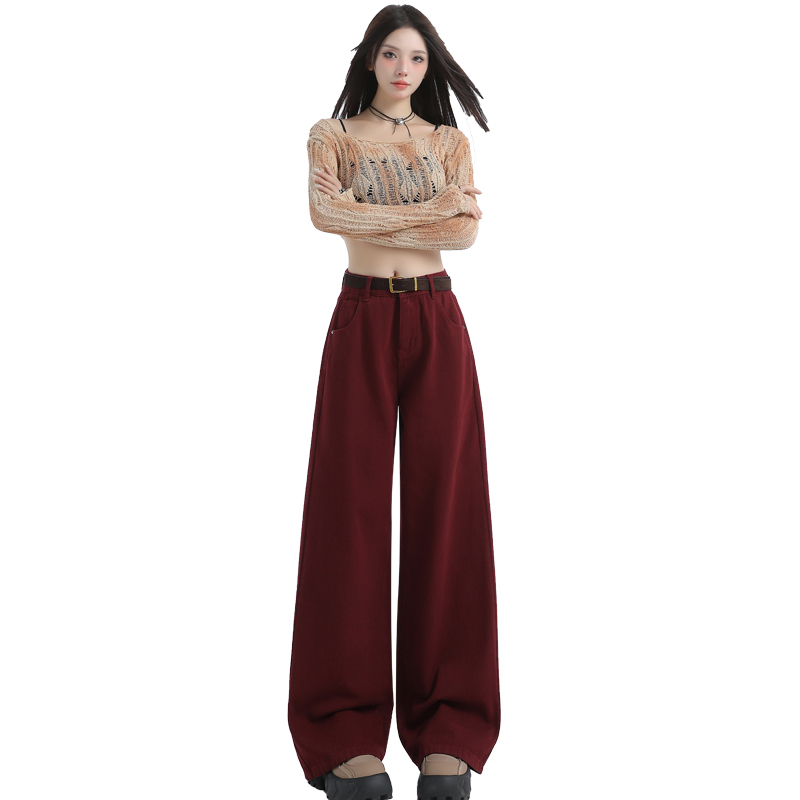 Autumn popular Ankara red wide-leg jeans for women, versatile high-waisted slimming narrow straight-leg floor-length mopping pants