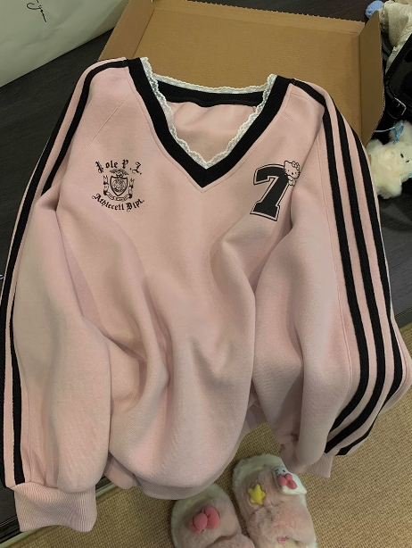 Chinese cotton composite milk silk + back collar American retro splicing contrasting color v-neck sweatshirt