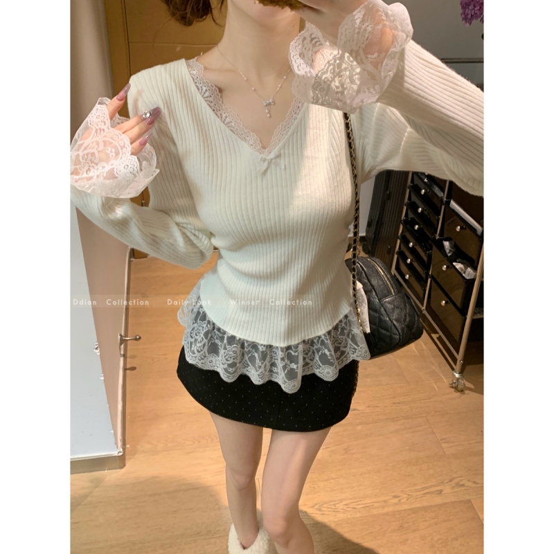 Autumn and winter Korean style v-neck pure desire gentle lace splicing sweater Andy velvet bottoming long-sleeved sweater