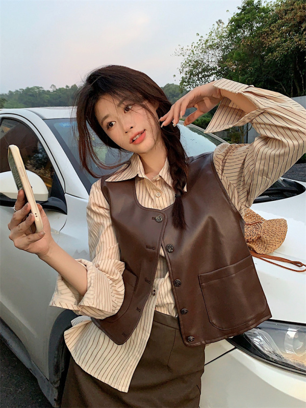 Striped long-sleeved shirt + retro sleeveless vest suit two-piece set