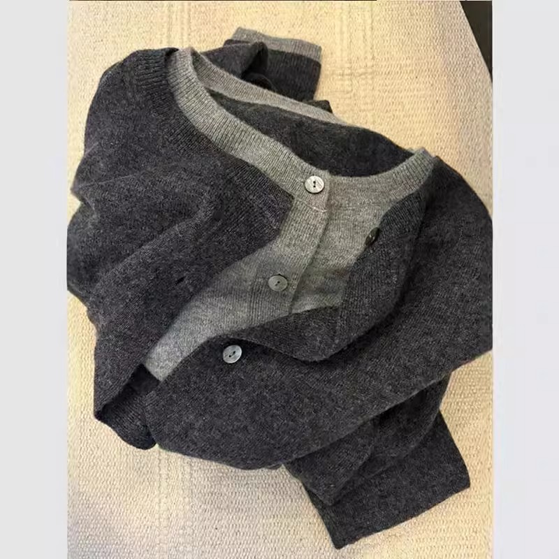 Early autumn new age-reducing literary style layered cashmere sweater jacket knitted cardigan women's contrasting fake two-piece top