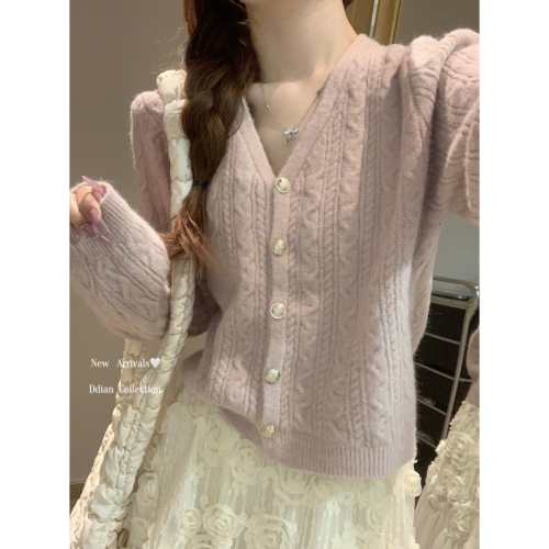 Autumn and winter Korean style v-neck gold button twist design arctic velvet sweater long-sleeved sweater jacket