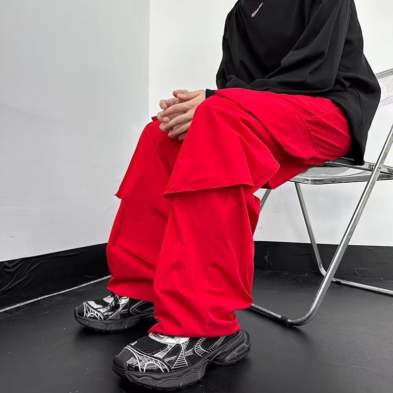 Red overalls for men and women, trendy high street multi-pocket wide-leg loose trousers