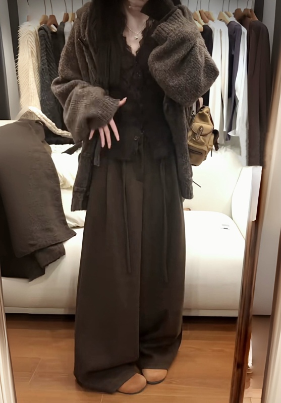 Lace knitted horn button hooded sweater jacket + thickened wide-leg pants