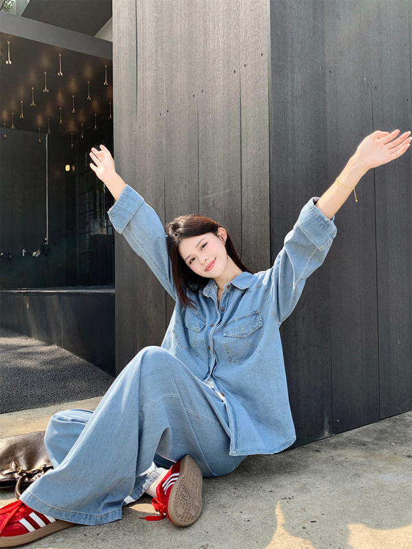 Korean chic has a versatile washed denim fashion suit shirt + pants