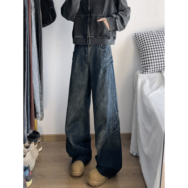 American high street distressed three-dimensional silhouette jeans trendy ins straight leg slightly flared wide leg floor-length pants