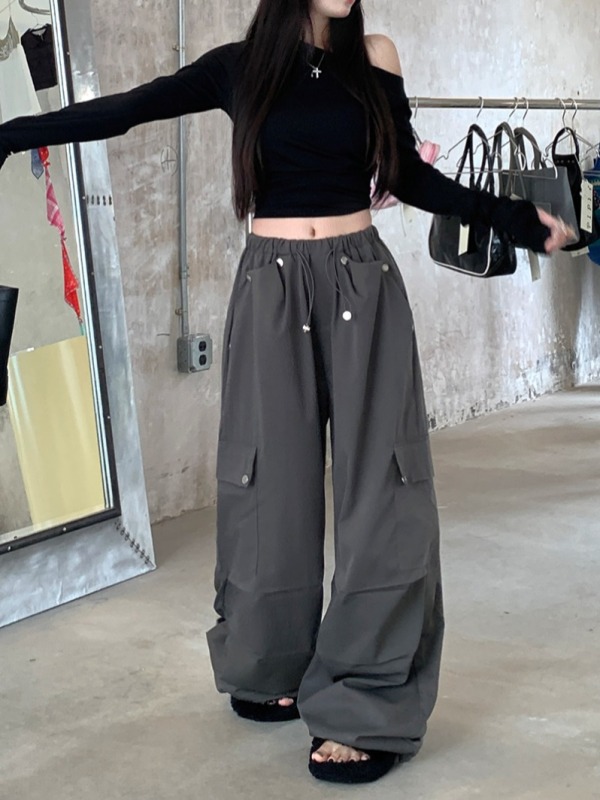 American design white overalls for women early autumn high waist design loose wide leg pants drawstring floor mopping pants