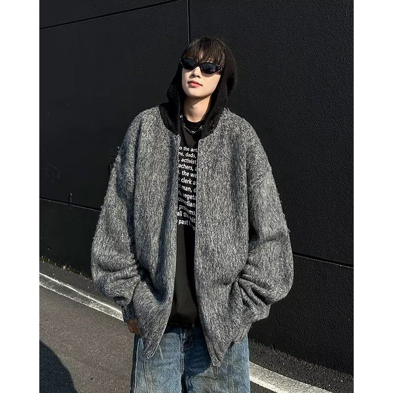 American retro loose cardigan sweater jacket men's design contrasting color hooded high street sweater
