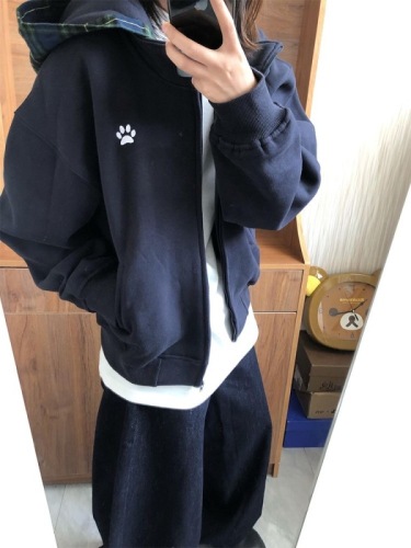 American retro dog paw embroidery stitching and stacking plaid hoodie for women in autumn loose couple hooded sweatshirt jacket trendy