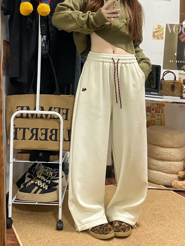 Velvet and thickened contrasting color embroidered puppy one-pants two-wear elastic waist straight leg leggings wide-leg pants