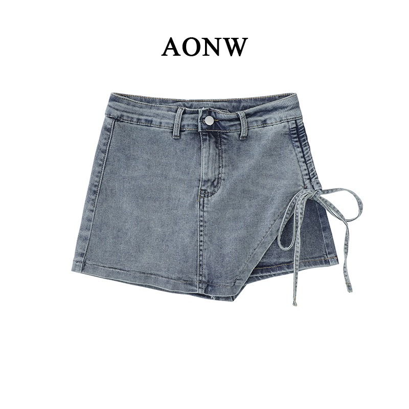 New style~Summer hot girl high-waisted slim and versatile bow tie trouser skirt denim skirt