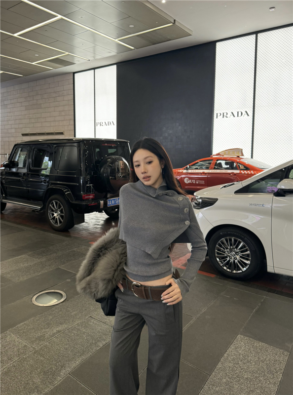 Turtleneck sweater women's slim fit knitted sweater shawl two-piece high-end top and pants suit