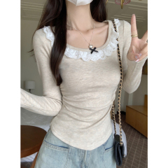 Sheep velvet lace plus velvet thickened brushed long-sleeved T-shirt for women in autumn and winter
